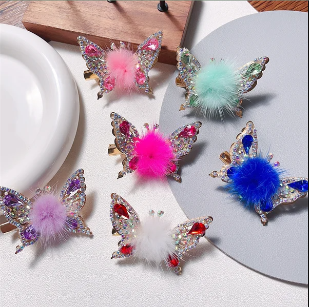 Delicate Fur Ball Butterfly Hair Clip - 4 Pcs/Set