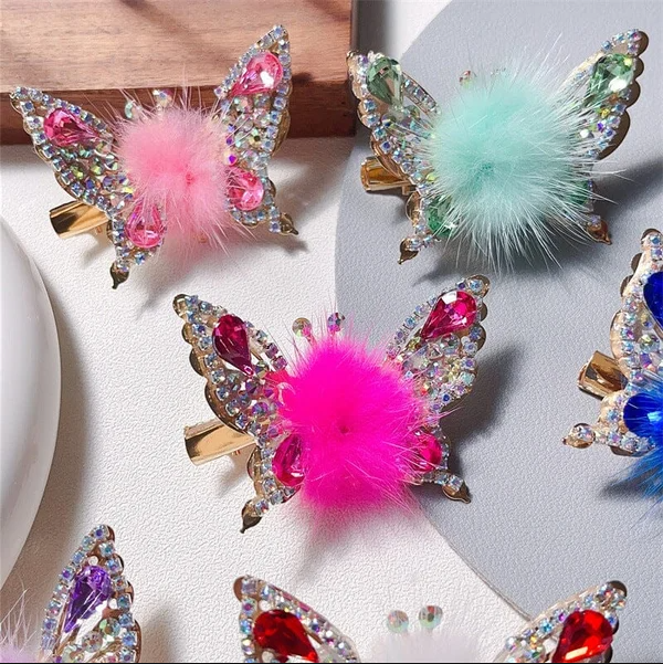 Delicate Fur Ball Butterfly Hair Clip - 4 Pcs/Set