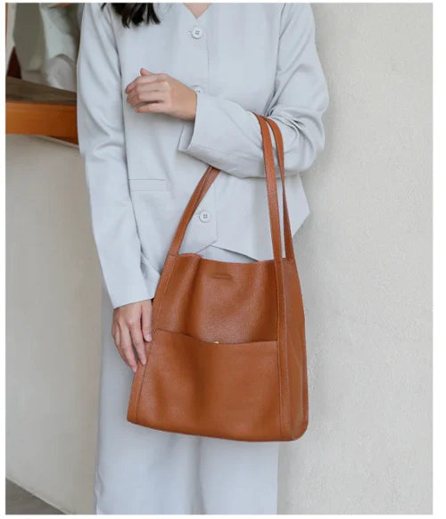 Solid color simple genuine leather shoulder bag